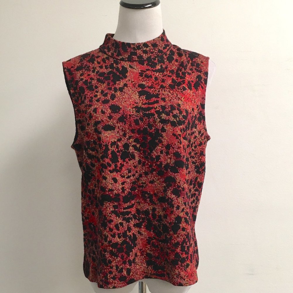St John red black gold lurex leopard top L animal print vintage sleeveless shell